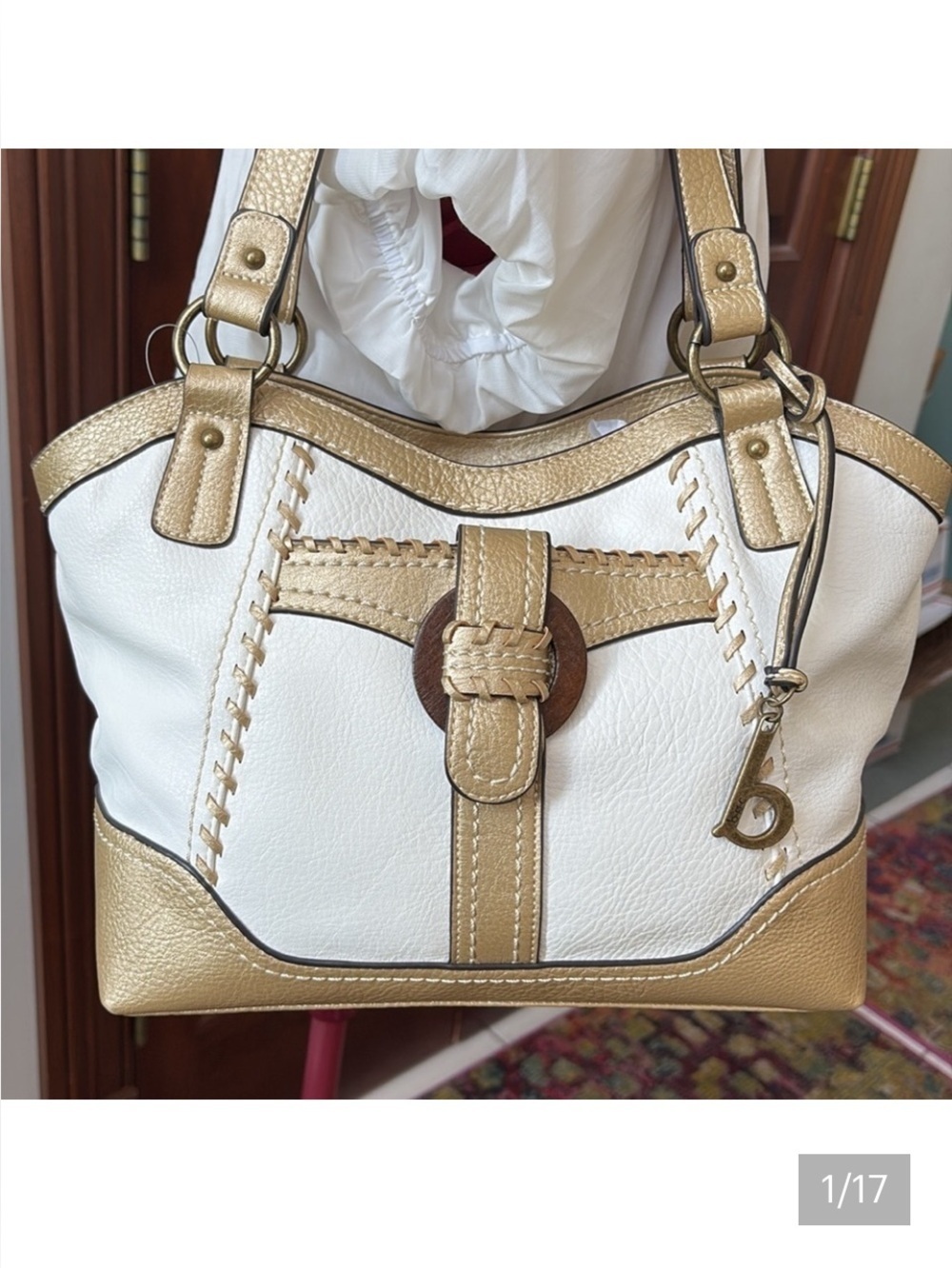 Boc Born shoulder bag white/gold trim & whip stitching 3 compartment NWT